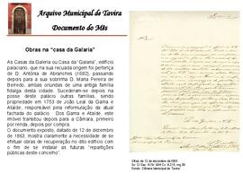 Documento do mês de março de 2013 - Obras na “casa da Galaria”