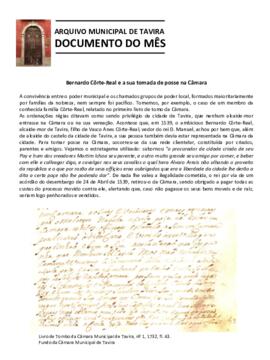 Documento do mês de março de 2017 - Bernardo Côrte-Real e a sua tomada de posse na Câmara